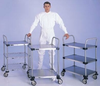 Stainless steel and Chrome Plated Utility Carts by InterMetro features rod or solid steel shelves