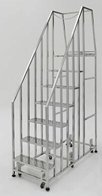 Narrow cleanroom stairs; electropolished stainless steel, perforated steps with platform and safety rail  |  