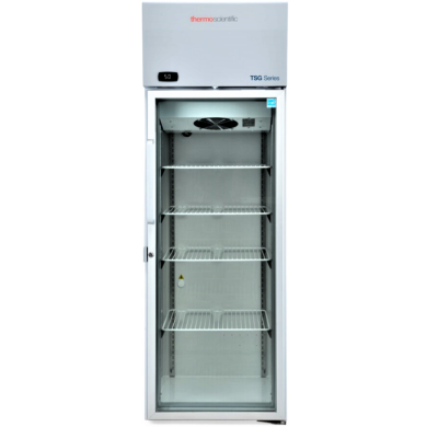 Energy-efficient 12.0 cu. ft. TSG1203GA Glass Door Lab Refrigerator by Thermo Fisher Scientific with a 2–8°C temperature range includes 2” casters and 4 shelves
