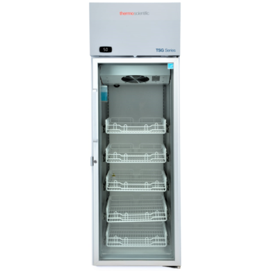 NSF 456 Compliant TSG1205PA Pharmacy Glass Door Refrigerator by Thermo Scientific designed for vaccine storage with a 2–8°C temperature range and a 5°C setpoint  |  1621-60 displayed