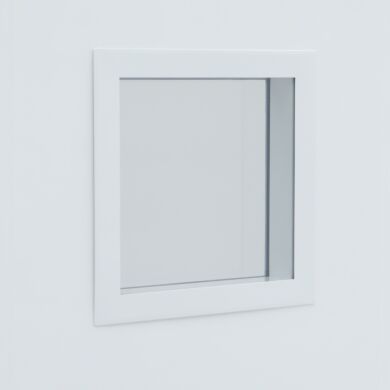 Flush-mounted powder-coated frame holds window pane with CleanSeam ledge on opposite side.
