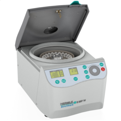 Compact 11 inch Hermle Z207-M Microcentrifuge features an EZ-Scroll touch pad and a maximum speed of 13,500 rpm; rotor options for 1.5 and 2.0 ml tubes  |  2823-PP-15 displayed