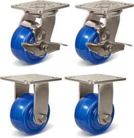 Four stainless steel casters with polyurethane wheels, 2 swivel with brakes, 2 rigid | 1701-95 displayed
