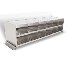 304 stainless steel bootie rack with glides for retrofitting to gowning bench, perforated surface with 12 cubbies | 1560-42 displayed