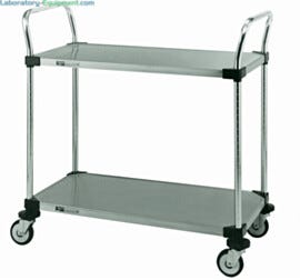Metro MW100 series utility cart features two solid stainless steel shelves practical for transporting materials requiring an expanse of flat surface  |  1302-PP-01 displayed