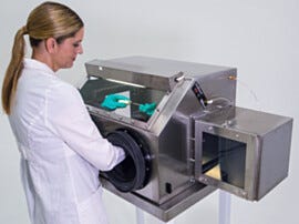 Smart® stainless steel glove box with automatic RH control maintains an inert environment to protect oxygen- and moisture-sensitive parts; optional air lock | 3305-34A displayed