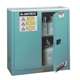 Corrosive Storage by Justrite features two manual stainless steel doors with 3-point stainless steel bullet latching system  |  2820-09A displayed