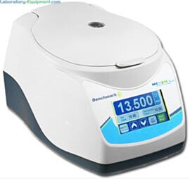 Cold-room safe Benchmark Scientific MC-24 Touch Microcentrifuge features a large full color touchscreen that displays speeds in rpm and rcf  |  2829-PP-15 displayed