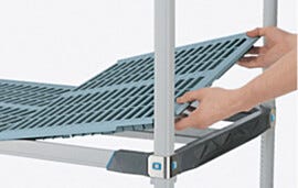 InterMetro Open Grid Interchangeable Polymer Shelving shown being assembled | 1541-15 displayed