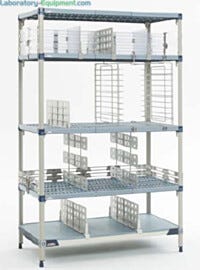 MetroMax Q Shelving Systems with open grid shelves and epoxy coated steel posts provide antimicrobial product protection