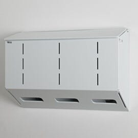 Polypropylene medical glove holder with 3 compartments, wall mount, no catch basin, 24" W x 8" D x 17" H  |  4952-72A displayed