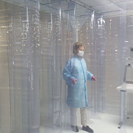 Flexible strip shields and panels in several cleanroom-compatible materials create an economical softwall enclosure  |  6704-07 displayed