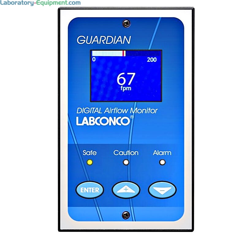 100-115V Guardian Digital Airflow Monitor by Labconco #9413400 with an LCD display and 50 to 25 fpm for Protector and Premiere Hoods  |  3646-95 displayed