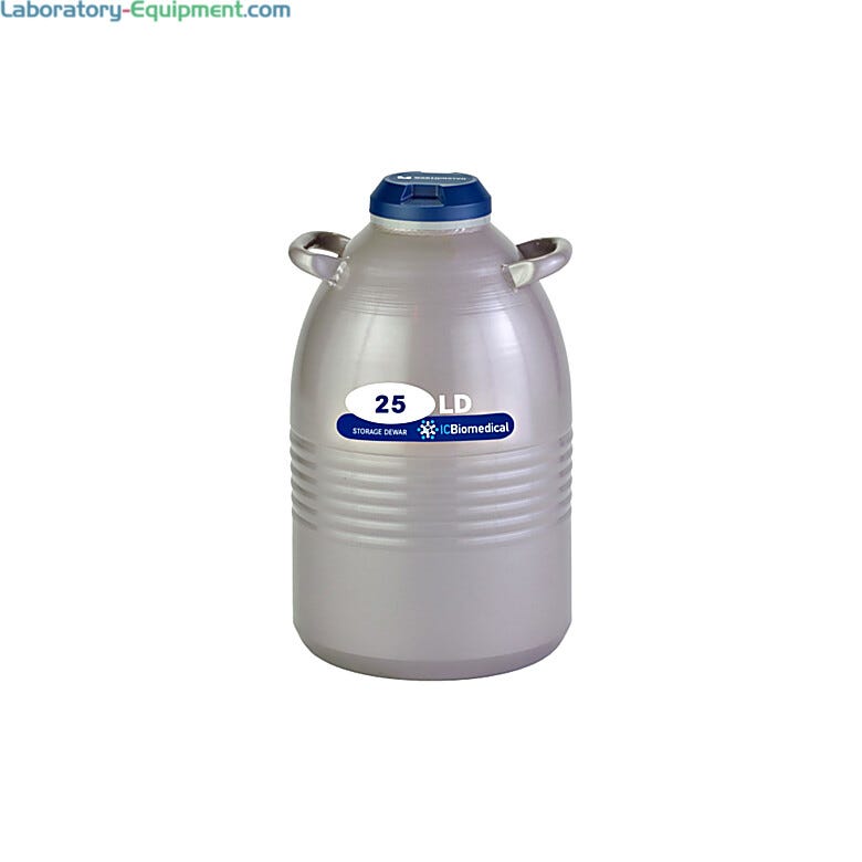 TW 25LDB Dewar by IC Biomedical with 25-liter LN2 capacity and a snap-on cap closure for secure sample storage and dispensing; optional Liquid Withdrawal Device | 6901-03 displayed