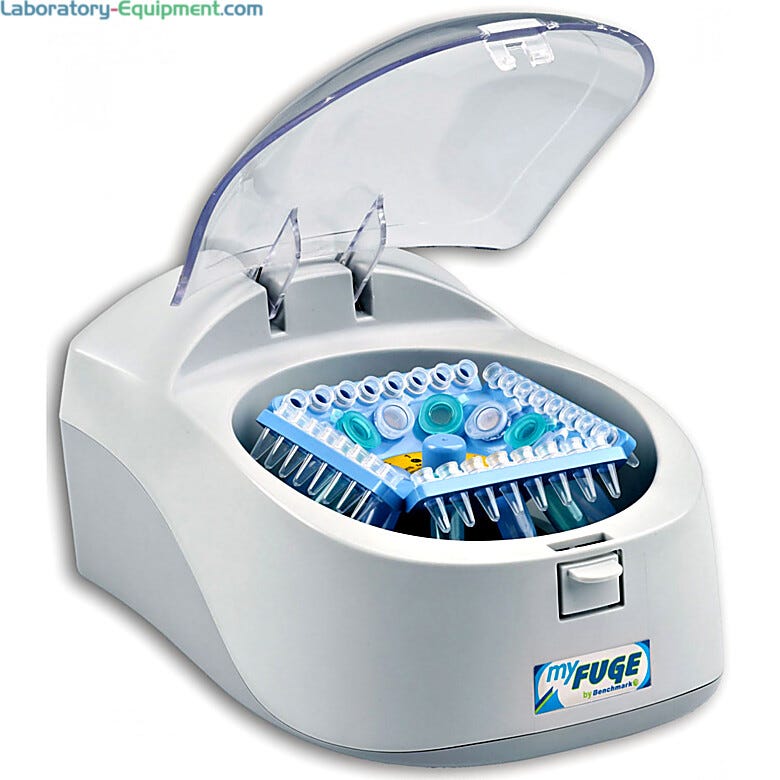Benchmark’s myFuge 12 centrifuge with the COMBI-rotor that holds microtubes and PCR strips simultaneously  |  2825-00 displayed