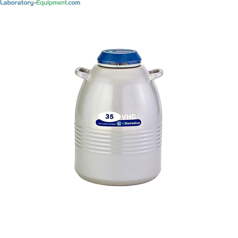 TW 35VHC High Capacity Cryogenic Storage Freezer with a 35-liter LN2 capacity and a 130-day static hold time for long-term sample storage; includes six 11
