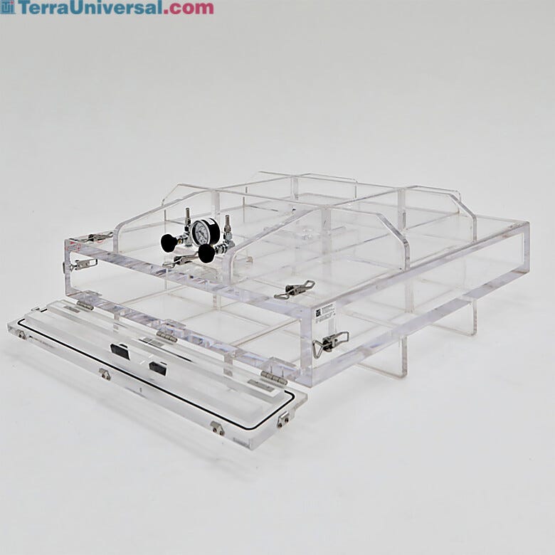 Acrylic vacuum chamber with extra wide mouth and hinged door lets you easily feed long parts through for speedy and hassle-free transfer  |  3305-81 displayed