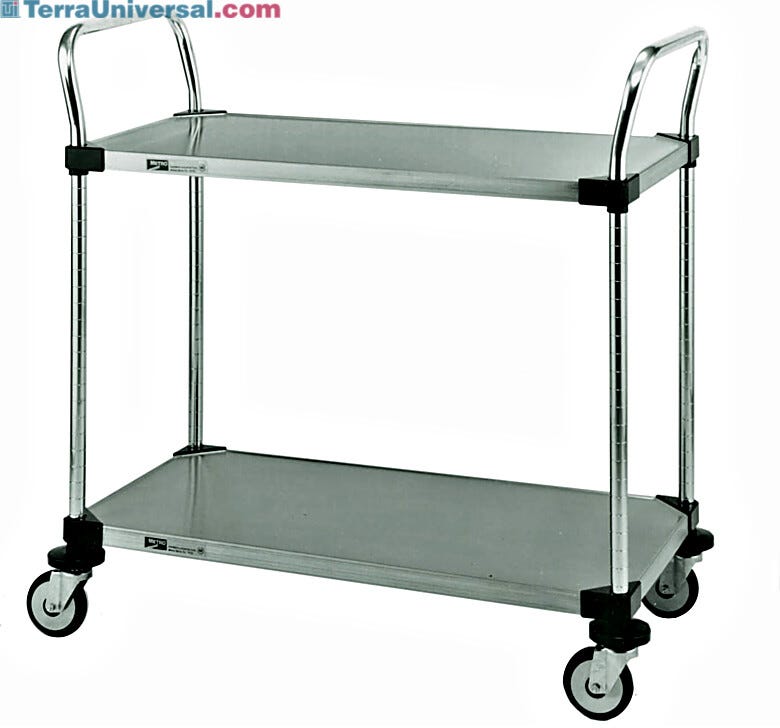 Metro MW100 series utility cart features two solid stainless steel shelves practical for transporting materials requiring an expanse of flat surface | 1302-PP-01 displayed