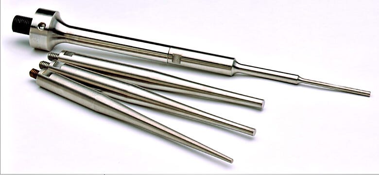 Double stepped microtip shown with tapered microtips: 1/8''D, 3/16''D, and 1/4''D  |  2601-33 displayed