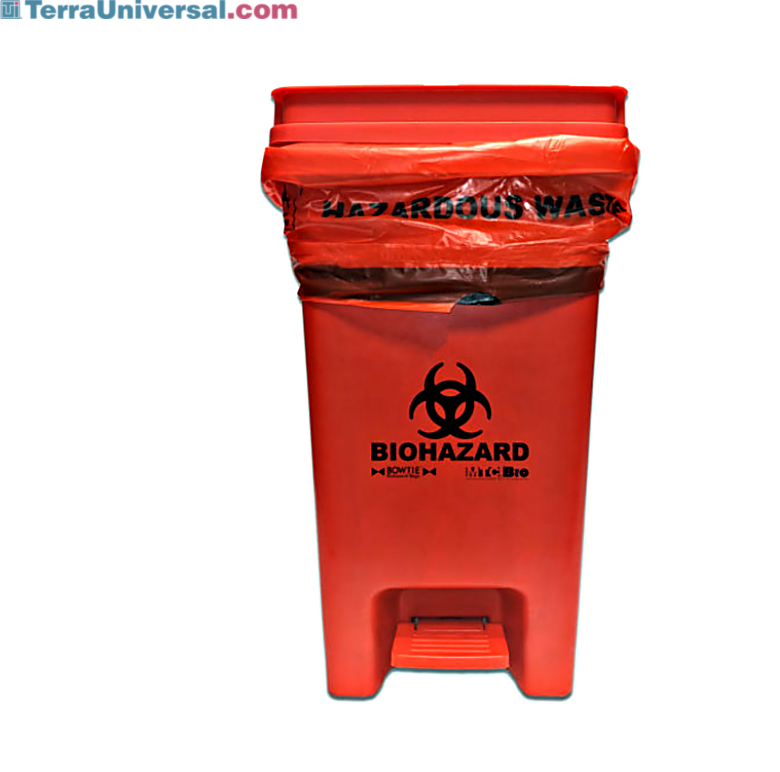13-Gallon Biohazard Bin by MTC Bio with a touchless operated lid for quick disposal of hazardous waste compatible with BowTie Biohazard Bag; A8000B  |  5705-95 displayed
