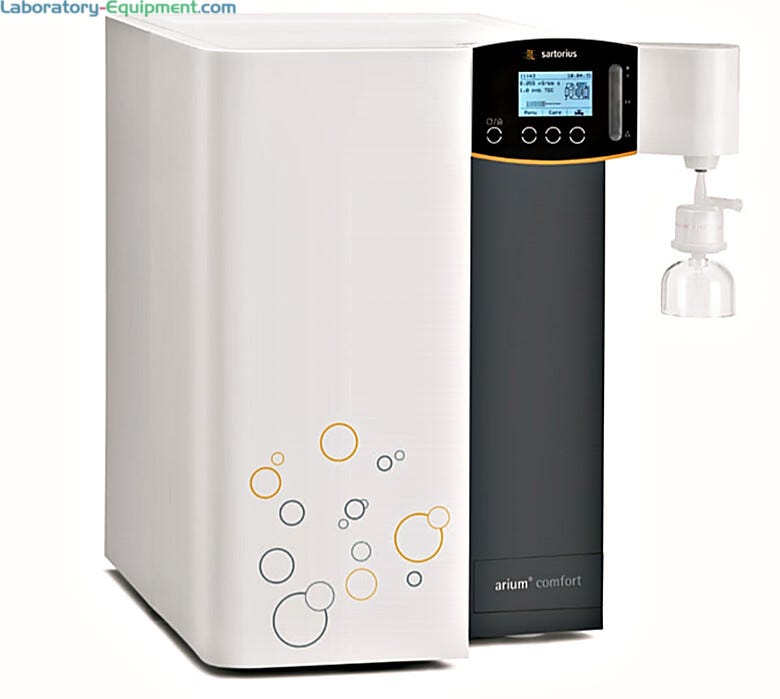 Arium Comfort 1 benchtop models in 8L and 16L per hour capacities produce ASTM Type 1 and 3 water with options for a TOC monitor and UV lamp