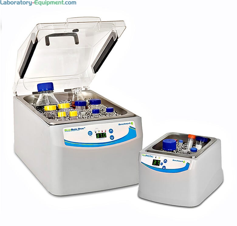 2L and 10L BeadBath Duo(™) by Benchmark Scientific with thermal beads and test bottles in containers