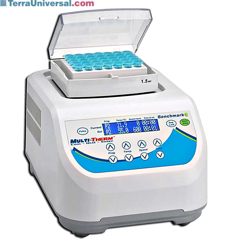 Benchmark Scientific’s Multi-Therm™ Vortexer provides temperature controlled mixing at speeds up to 1500 rpm  |  2824-01 displayed