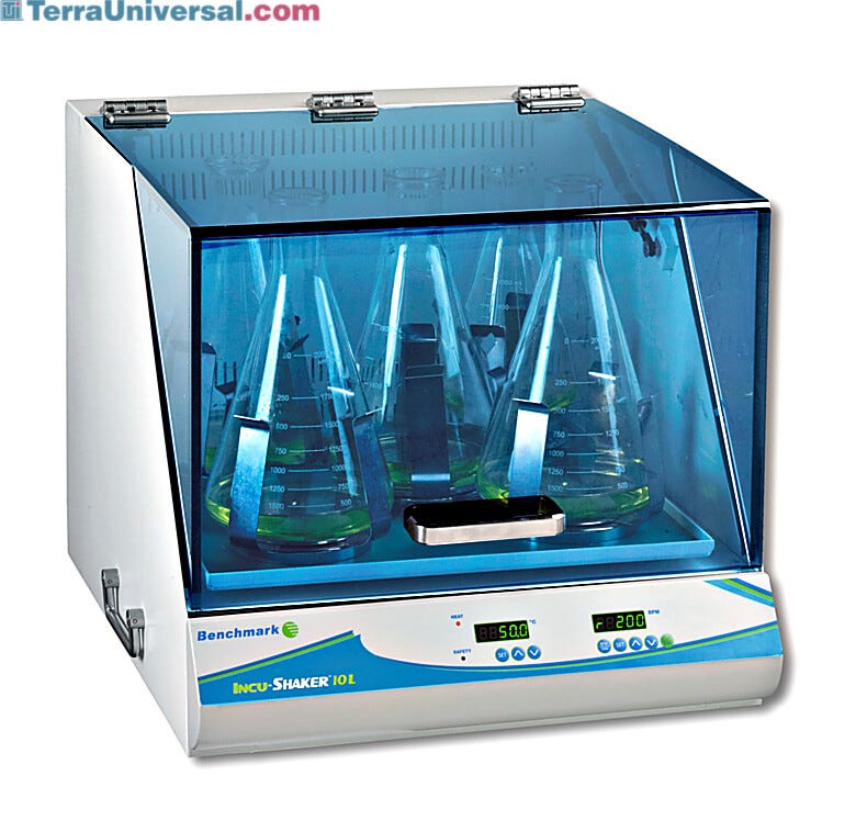 Benchmark Scientific’s Incu-Shaker™ 10L offers digital temperature control with variable shaking speed (shown with optional flask clamps) | 2823-PP-12 displayed