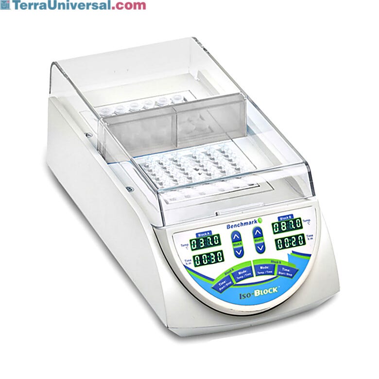 Benchmark's IsoBlock is a digital dry bath that features two  isolated chambers maintain independent time and temperature control  |  2829-49 displayed