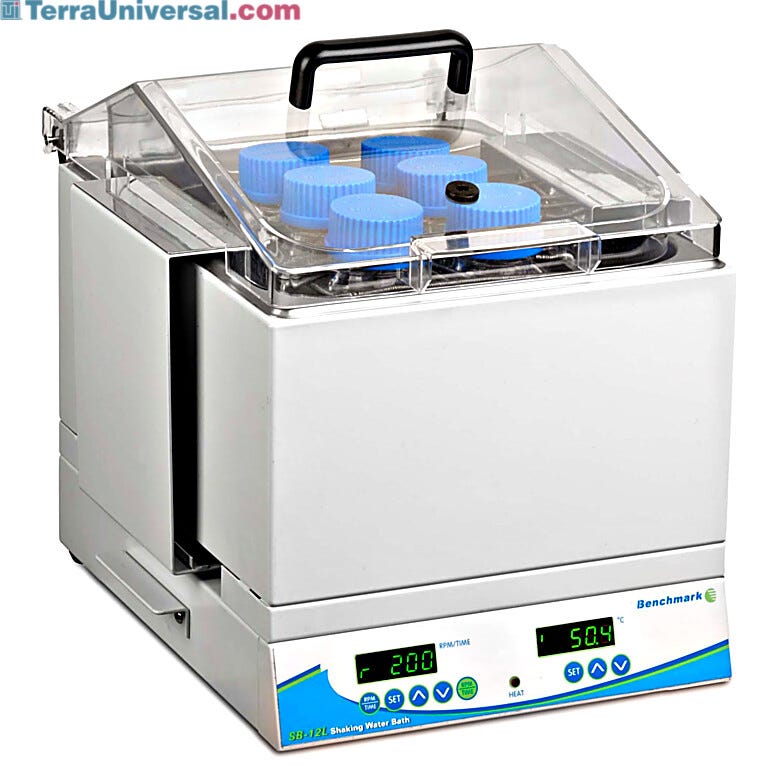 SB-12L Shaking Water Bath features precise temperature control of up to 80°C and the included spring platform accepts tubes, bottles and flasks | 2827-10 displayed
