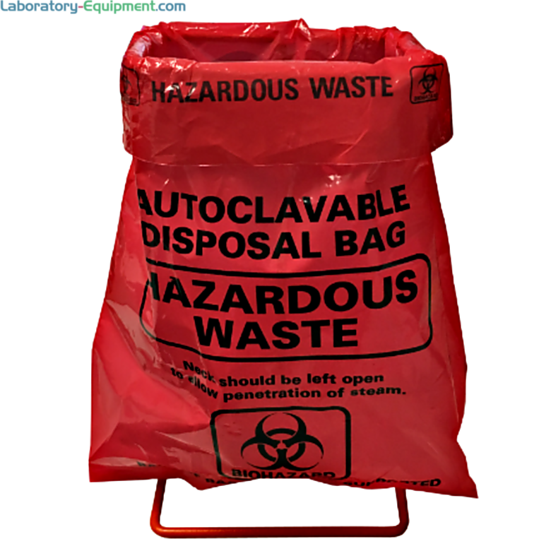 Economical Benchtop Disposal Set includes a metal stand and 400 Red Autoclave Biohazard Bags by MTC Bio, A9004-SK