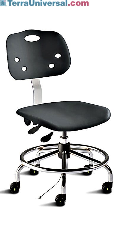 Biofit black ArmorSeat desk chair includes polypropylene seat and backrest, tubular steel base, footring, and dual-wheel casters for ESD applications