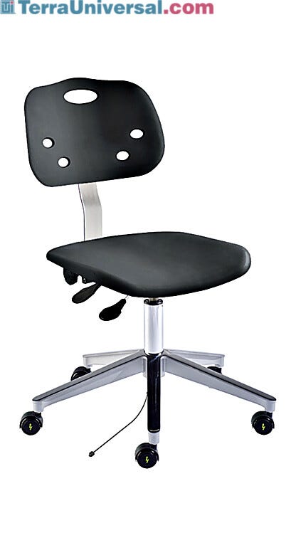 Biofit black Armorseat desk chair includes polypropylene seat and backrest, wide aluminum base, and dual-wheel casters for ESD applications