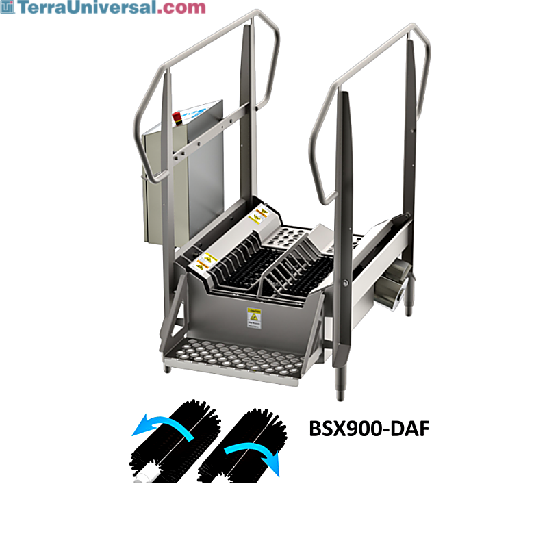 Stainless steel BSX900 Compact Walk Through Dual Sole Boot Scrubber by Best Sanitizers with 2 long horizontal brushes accommodates 15-25 users per minute, 115V  |  5608-31 displayed