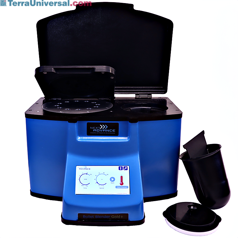 Bullet Blender 24 Gold+ homogenizer processes up to 24 samples in parallel with 4°C cooling and noise insulation for quiet operation  |  2600-03 displayed