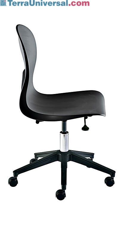 Biofit black desk chair includes composite base, dual-wheel casters, polypropylene shell and chrome plated metal parts