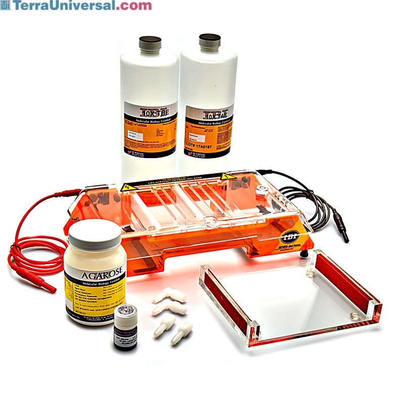 Horizontal electrophoresis system (MP-1015) by IBI Scientific includes: loading dye, buffers and 100g of Molecular Biology Grade Agaro