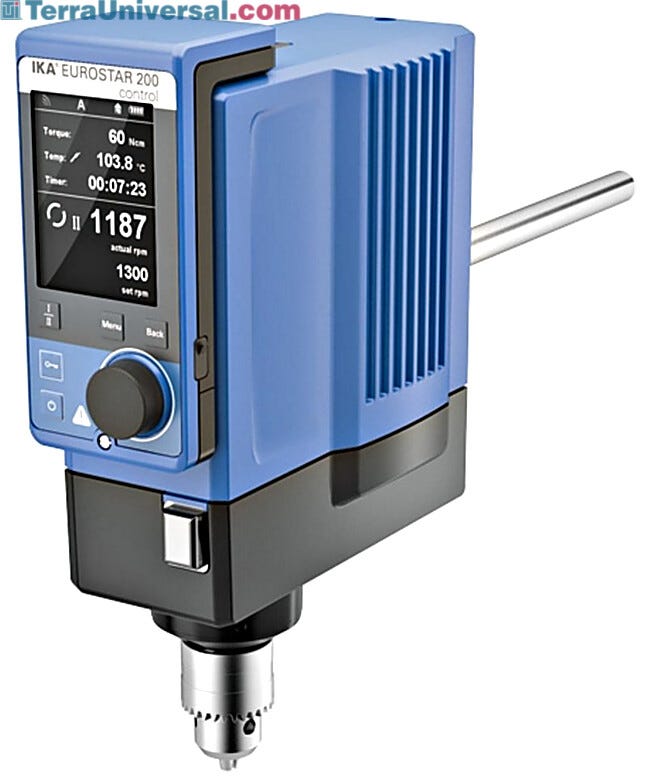 IKA EUROSTAR 200 control Overhead Stirrer with a 100L capacity features programmable functions and a wireless controller integrates with lab software | 6926-98 displayed