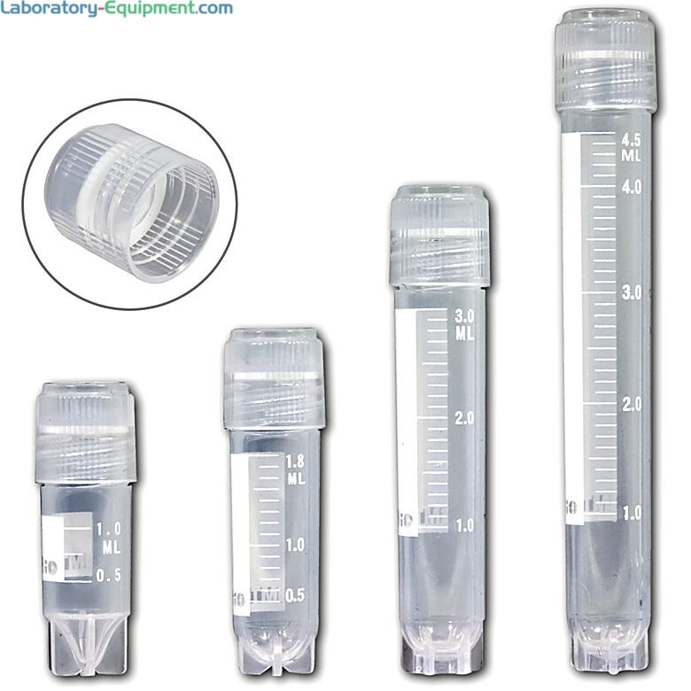 Self-standing externally threaded cryogenic vial with printed graduations and marking area