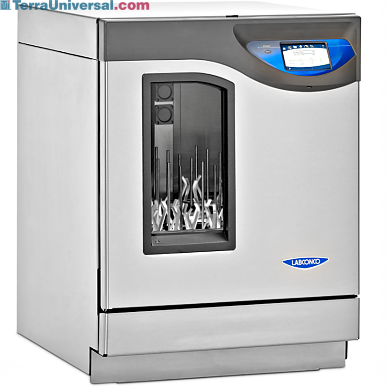 FlaskScrubber for narrow-neck and Erlenmeyer flasks heat up to 199° F (93° C) features a viewing window and an LED light; includes lower rack with 36 spindles