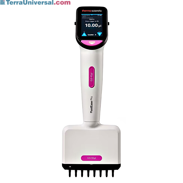 Large touchscreen user interface of FluidEase Pro and secure ClipTip of 8-Channel Electronic Pipette, 0.5-10 µL by Thermo Scientific, 4676010