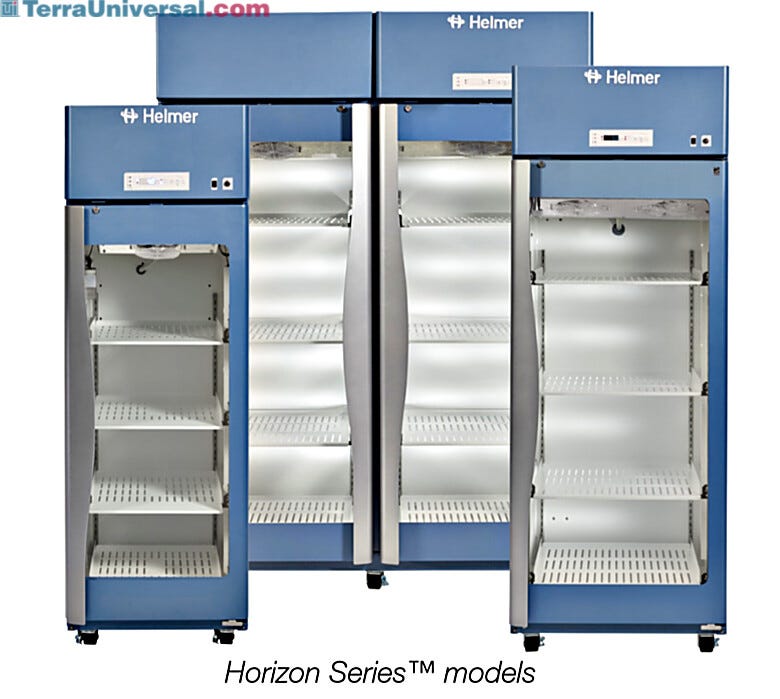 Medical-grade GX Horizon Upright Lab Refrigerators in five capacity sizes include ventilated shelves, casters, controller and OptiCool technology