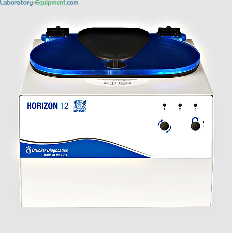 HORIZON 12 Compact Routine Centrifuge by Drucker Diagnostics with rotor, tube holders, a 12 x 75-100 mm capacity, and set and lock controls; 00-283-009-000 | 6708-57 displayed