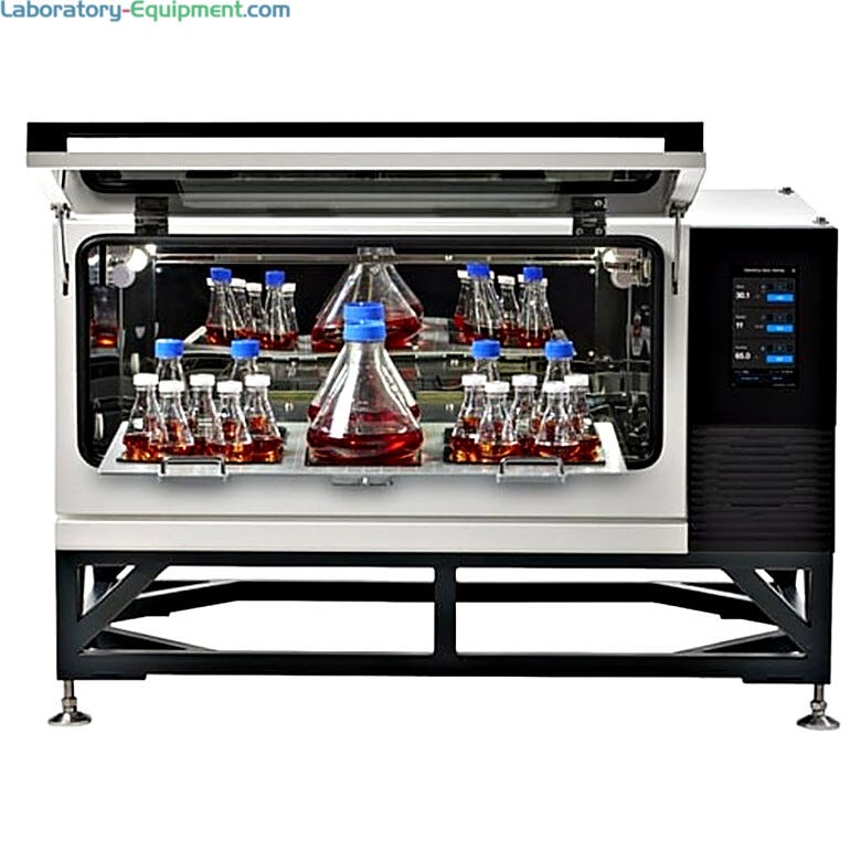 Up-Swing door Thermo Scientific IntelliStack CO2 Incubator Shakers feature touchscreen display, sample security and quiet operation; shown with optional stand