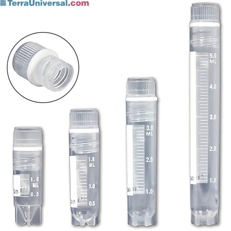 Self-standing internally threaded cryogenic vial with printed graduations and marking area
