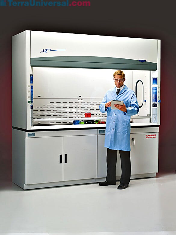 Protector XL Benchtop Laboratory fume hood by Labconco shown with optional storage cabinets | 3649-41 displayed