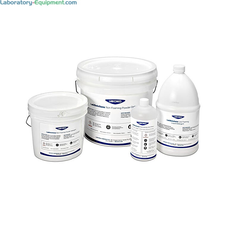 LabSolutions Powder Detergent, Low-Foaming Liquid Detergent, and Neutralizing Acid Rinse are specially formulated for Labconco SteamScrubbers and FlaskScrubbers  |  6921-PP-06 displayed