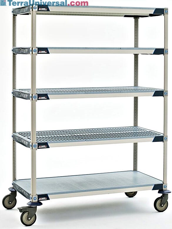 Antimicrobial five-tier cart with solid bottom MetroMax i shelf and polyurethane casters, ideal for placement in walk-in coolers | 1534-44 displayed