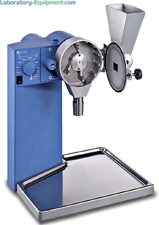 Modular IKA MF 10 basic Microfine grinder drive shown with optional MF 10.2 Impact grinding head  |  6927-00 displayed