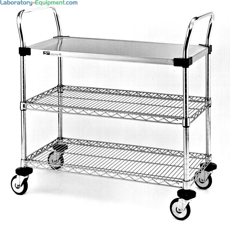 Stainless steel and Chrome Plated Utility Carts by InterMetro includes two wire and one solid steel shelf, handles and four casters | 1401-54 displayed